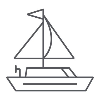 Yat ince çizgi simgesi, ulaşım ve tekne, yelkenli işareti, vektör grafikleri, beyaz arkaplanda doğrusal desen.