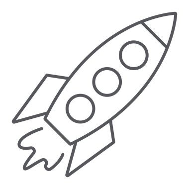 Roket ince çizgi simgesi, ulaşım ve uzay, uzay gemisi işareti, vektör grafikleri, beyaz arka plan üzerinde doğrusal bir desen.