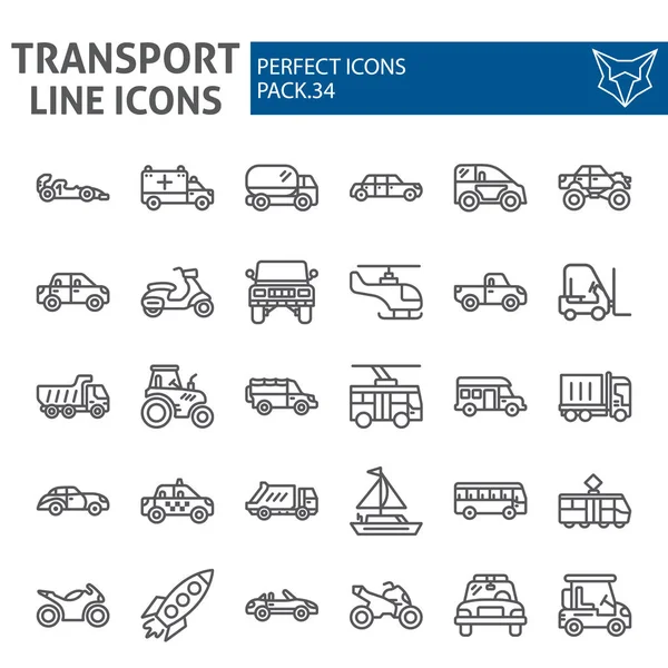 Conjunto de iconos de línea de transporte, colección de símbolos de vehículos, bocetos vectoriales, ilustraciones de logotipos, señales de tráfico paquete de pictogramas lineales aislados sobre fondo blanco . — Vector de stock