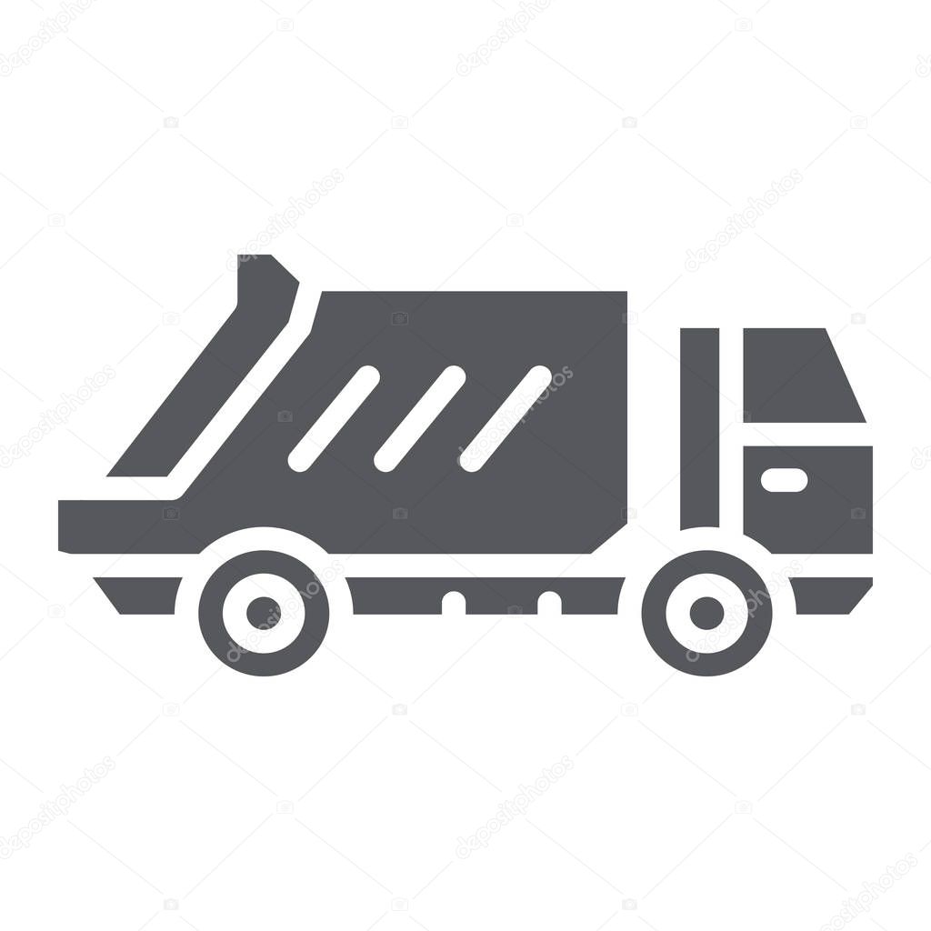Garbage truck glyph icon, transportation and auto, waste lorry sign, vector graphics, a solid pattern on a white background, eps 10.