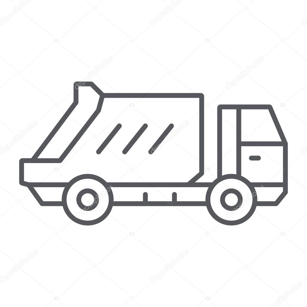 Garbage truck thin line icon, transportation and auto, waste lorry sign, vector graphics, a linear pattern on a white background, eps 10.