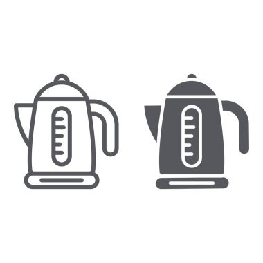 Elektrikli su ısıtıcısı hattı ve glyph simgesi, mutfak ve mutfak eşyaları, çaydanlık işareti, vektör grafikleri, beyaz arka plan üzerinde doğrusal bir desen.
