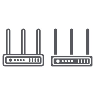 Wifi yönlendirici satırı ve glyph simgesi, ağ ve bağlantı, İnternet işareti, vektör grafikleri, beyaz arkaplan üzerinde doğrusal desen.