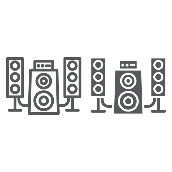 Linha do sistema de alto-falante e ícone de glifo, alto-falante e áudio, sinal do sistema de música, gráficos vetoriais, um padrão linear em um fundo branco . —  Vetores de Stock