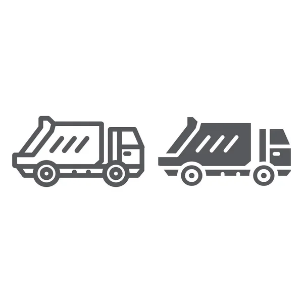 Línea de camiones de basura y glifo icono, transporte y auto, señal de camión de residuos, gráficos vectoriales, un patrón lineal sobre un fondo blanco . — Vector de stock