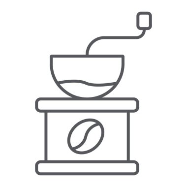 Kahve öğütücü ince çizgi simgesi, içecek ve ekipman, coffe frezeleme işareti, vektör grafik, beyaz bir arka plan üzerinde doğrusal bir desen.