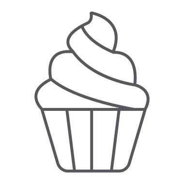 Cupcake ince çizgi simgesi, tatlı ve gıda, muffin işareti, vektör grafikler, beyaz bir arka plan üzerinde doğrusal bir desen.