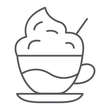 Krem ince çizgi simgesi ile Kahve, kahve ve fincan, köpük işareti ile kahve, vektör grafik, beyaz bir arka plan üzerinde doğrusal bir desen.