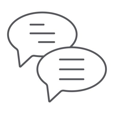 Sohbet ince çizgi simgesi, mesaj ve iletişim, konuşma kabarcıkları işareti, vektör grafikleri, beyaz arka plan üzerinde doğrusal bir desen.