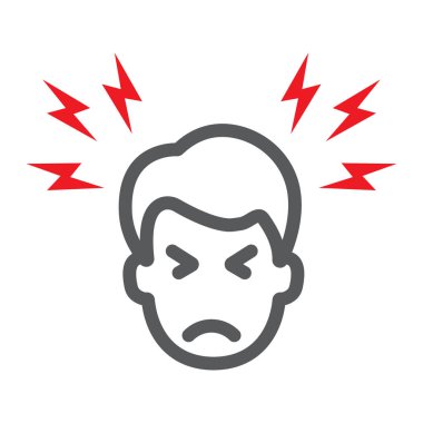 Baş ağrısı çizgi simgesi, vücut ve ağrı, baş ağrısı işareti, vektör grafikleri, beyaz arka plan üzerinde doğrusal bir desen.