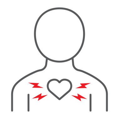 Kalp ağrısı ince çizgi simgesi, vücut ve ağrı, kalp krizi işareti, vektör grafikleri, beyaz bir arka plan üzerinde doğrusal bir desen.