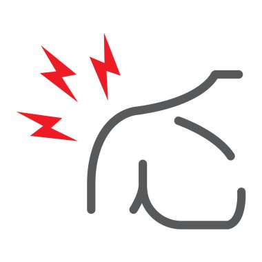 Omuz ağrı çizgi simgesi, vücut ve yaralı, omuz ağrısı işareti, vektör grafik, beyaz bir arka plan üzerinde doğrusal bir desen.