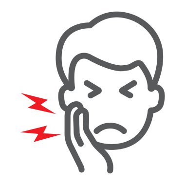 Diş ağrısı çizgi simgesi, vücut ve ağrı, diş ağrısı işareti, vektör grafik, beyaz bir arka plan üzerinde doğrusal bir desen.