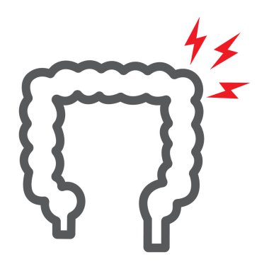 İshal çizgi simgesi, vücut ve ağrı, bağırsak ağrısı işareti, vektör grafikleri, beyaz bir arka plan üzerinde doğrusal bir desen.