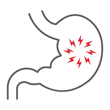 Mide ağrısı ince çizgi simgesi, vücut ve hasta, karın ağrısı işareti, vektör grafik, beyaz bir arka plan üzerinde doğrusal bir desen.