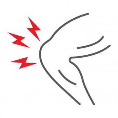 Diz ağrısı ince çizgi simgesi, vücut ve hasta, bacak ağrısı işareti, vektör grafik, beyaz bir arka plan üzerinde doğrusal bir desen.