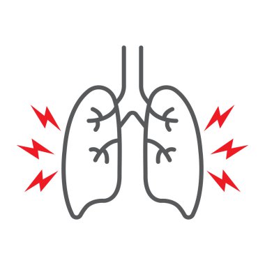 Akciğerler ağrı ince çizgi simgesi, vücut ve ağrılı, akciğerler ağrı işareti, vektör grafik, beyaz bir arka plan üzerinde doğrusal bir desen.