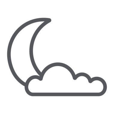 Gece çizgisi simgesi, hava durumu ve iklim, ay ve bulut işareti, vektör grafikleri, beyaz arka plan üzerinde doğrusal bir desen.