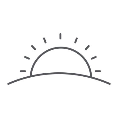 Gün batımı ince çizgi simgesi, hava durumu ve güneş, gündoğumu işareti, vektör grafikleri, beyaz arka plan üzerinde doğrusal bir desen.