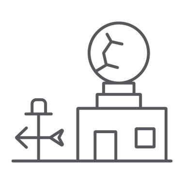 Hava istasyonu ince çizgi simgesi, anemometre ve tahmin, meteorogical istasyon işareti, vektör grafikleri, beyaz bir arka plan üzerinde doğrusal desen.