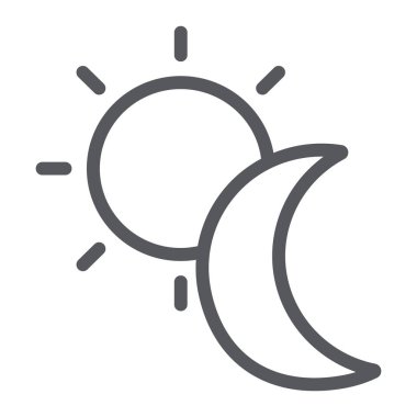 Güneş ve ay çizgi simgesi, hava ve doğa, gece ve gündüz işareti, vektör grafikleri, beyaz arka plan üzerinde doğrusal bir desen.