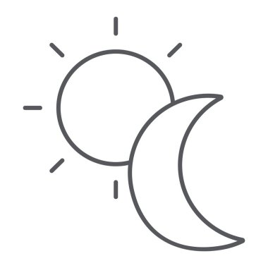 Güneş ve ay ince çizgi simgesi, hava ve doğa, gece ve gündüz işareti, vektör grafikleri, beyaz bir arka plan üzerinde doğrusal bir desen.