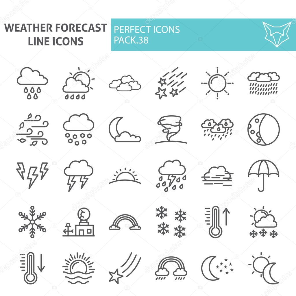 Weather forecast line icon set, climate symbols collection, vector sketches, logo illustrations, meteorology signs linear pictograms package isolated on white background, eps 10.