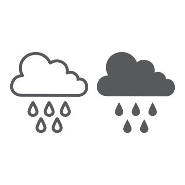 Yağmur çizgisi ve glyph simgesi, hava ve iklim, yağmur işareti ile bulut, vektör grafikleri, beyaz bir arka plan üzerinde doğrusal bir desen.