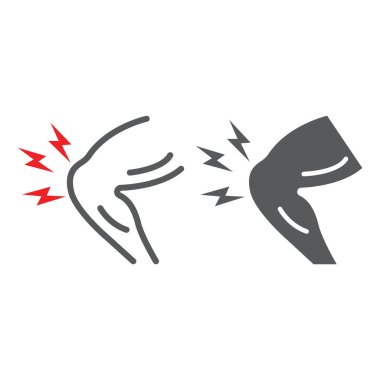 Diz ağrı hattı ve glyph simgesi, vücut ve hasta, bacak ağrısı işareti, vektör grafik, beyaz bir arka plan üzerinde doğrusal bir desen.
