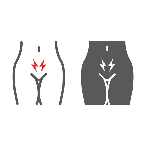 Menstruationskrämpfe Schmerzlinie und Glyphen-Symbol, Körper und Schmerz, Zeichen für Bauchschmerzen, Vektorgrafik, ein lineares Muster auf weißem Hintergrund. — Stockvektor