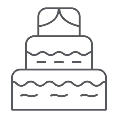 Kek ince çizgi simgesi, gıda ve tatlılar, tatlı işareti, vektör grafik, beyaz bir arka plan üzerinde doğrusal bir desen.