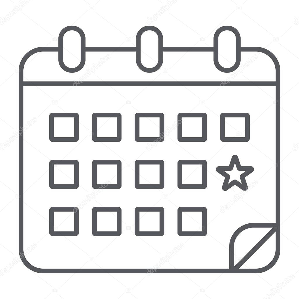 Calendar thin line icon, date and day, reminder sign, vector graphics, a linear pattern on a white background, eps 10.