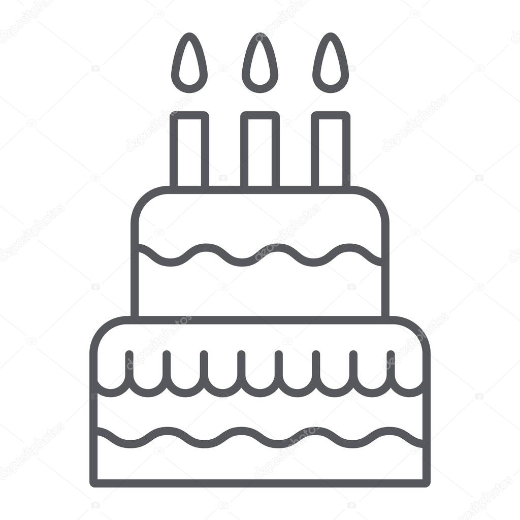 Cake with candles thin line icon, food and sweets, birthday cake sign, vector graphics, a linear pattern on a white background.