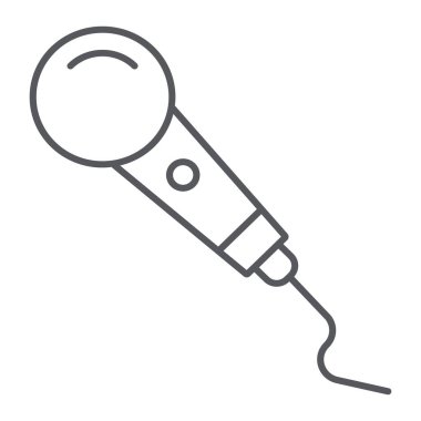 Mikrofon ince çizgi simgesi, ses ve ekipman, karaoke işareti, vektör grafikleri, beyaz arka plan üzerinde doğrusal bir desen.