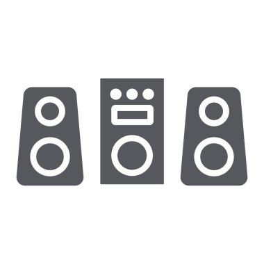 Ses sistemi glyph simgesi, parti ve müzik, stereo sistem işareti, vektör grafikleri, beyaz arka plan üzerinde sağlam bir desen.