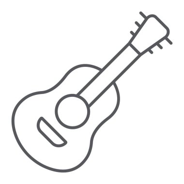 Gitar ince çizgi simgesi, ses ve müzik, müzik aleti işareti, vektör grafikleri, beyaz arka planda doğrusal bir desen.