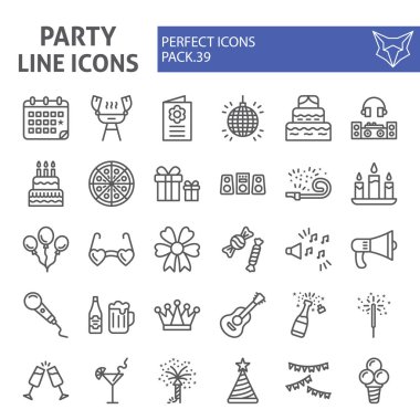 Parti çizgi simgesi seti, kutlama sembolleri toplama, vektör skeçler, logo çizimler, şenlikli işaretler doğrusal piktogramlar paketi beyaz arka plan üzerinde izole.