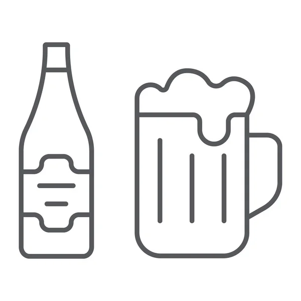 Icono de línea delgada de cerveza, barra y alcohol, signo de vidrio y botella, gráficos vectoriales, un patrón lineal sobre un fondo blanco . — Vector de stock
