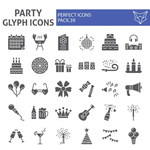 Parti glyph simge seti, kutlama sembolleri toplama, vektör skeçler, logo çizimler, festival işaretleri katı pictograms paketi beyaz arka plan üzerinde izole.