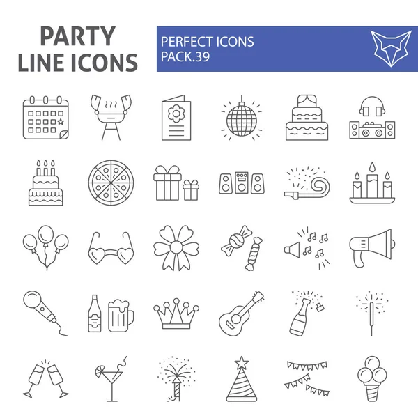 Party Thin Line Ikonuppsättning, firande symboler insamling, vektor skisser, logo illustrationer, festliga skyltar linjära piktogram paket isolerade på vit bakgrund. — Stock vektor
