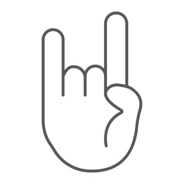Kaya ve rulo işareti ince çizgi simgesi, müzik ve el, ağır metal jest işareti, vektör grafikleri, beyaz bir arka planda doğrusal bir desen.