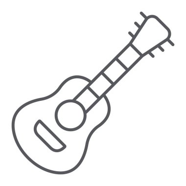 Gitar ince çizgi simgesi, müzik ve ses, akustik müzik enstrüman işareti, vektör grafikleri, beyaz bir arka planda doğrusal bir desen.