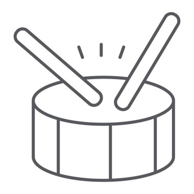 İnce çizgi simgesi, müzik ve beat, perküsyon gösterge işareti, vektör grafikleri, beyaz arka planda doğrusal bir desen Drum.