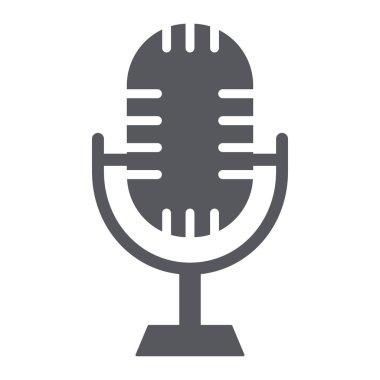 Stüdyo mikrofon glif simgesi, müzik ve ses, Retro mikrofon işareti, vektör grafikleri, beyaz arka planda sağlam bir desen.