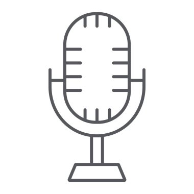 Stüdyo mikrofonu ince çizgi simgesi, müzik ve ses, Retro mikrofon işareti, vektör grafikleri, beyaz arka planda doğrusal bir desen.