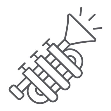 Tuba ince çizgi simgesi, müzik ve enstrüman, trompet işareti, vektör grafikleri, beyaz bir arka planda doğrusal bir desen.