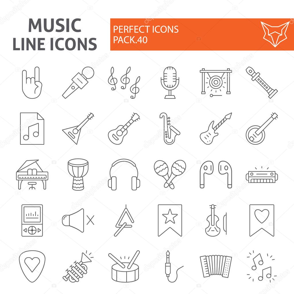 Music thin line icon set, musical instruments symbols collection, vector sketches, logo illustrations, audio equipment signs linear pictograms package isolated on white background.