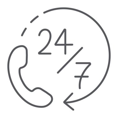 Çağrı 24 7 ince çizgi simgesi, hizmet ve yardım, destek 24 7 işareti, vektör grafikler, beyaz bir arka plan üzerinde doğrusal desen.