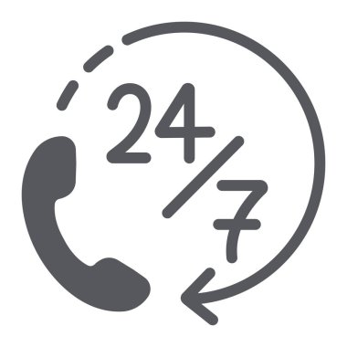Çağrı 24 7 glyph simgesi, hizmet ve yardım, destek 24 7 işareti, vektör grafik, beyaz bir arka plan üzerinde sağlam bir desen.