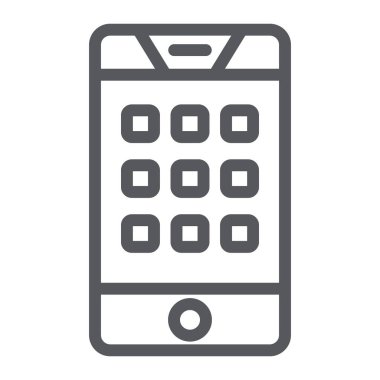 Telefon hattı simgesi, mobil ve arama, akıllı telefon işareti üzerinde tuş takımı, vektör grafikleri, beyaz arka planda doğrusal bir desen üzerinde arama numarası.